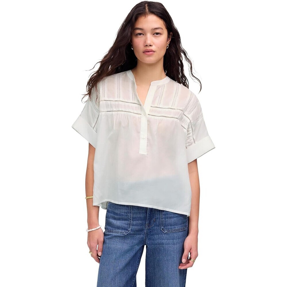 Madewell Samoa Top Womens 2XL White Sushi Voile Henley Neck Short Sleeve RED1315